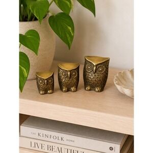 Vintage Solid Brass Owl Family Retro Mini Figurines MCM Paper Weight Bird Curio